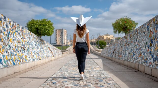 A young woman walks down a path wearing a paper airplane hat, surrounded by colorful tiled walls under a bright blue sky.
