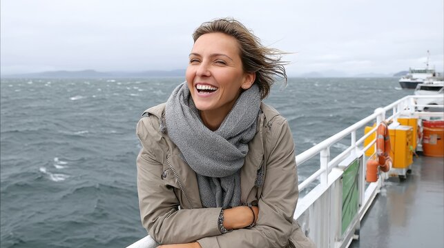 A woman smiles joyfully on a boat, her hair blowing in the wind, surrounded by a scenic ocean backdrop.