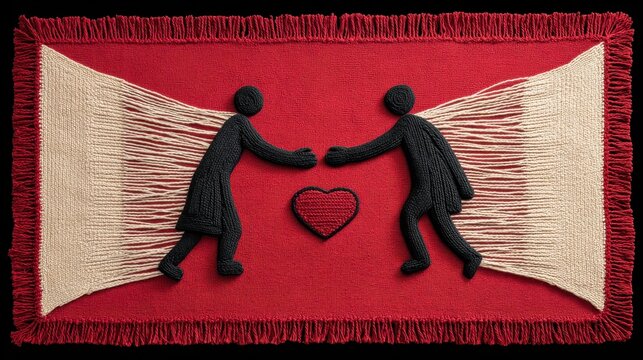 Two figures reach out towards each other against a vibrant red backdrop, symbolizing connection and love, with a heart at the center.