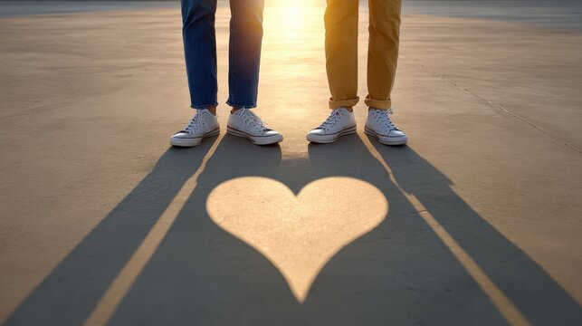 A romantic image of two people standing together, casting long shadows on the ground with a heart shape formed by the sunlight.