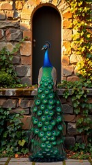 Obraz premium peacock standing front stone wall arched doorway peacock standing its hind legs its tail feathers spread out fan like manner feathers vibrant colorful shades blue green gold wall covered ivy fallen