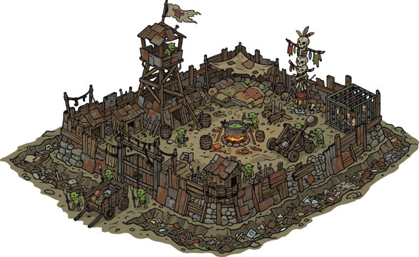 Medieval orc camp vector, fantasy wooden fortress, isometric goblin stronghold game asset