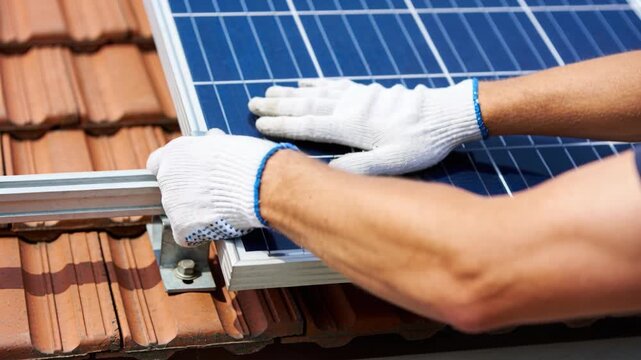 A technician installs modern solar panels on a tiled residential rooftop for clean energy.