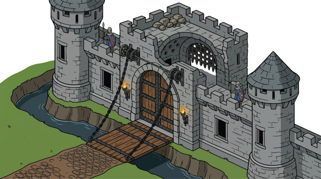 Medieval castle gate with drawbridge and stone towers, isometric fortress entrance vector, ancient kingdom wall with moat and portcullis