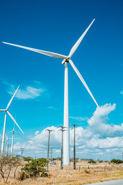 Parque e&oacute;lico gerando energia limpa durante o dia no Nordeste do Brasil
