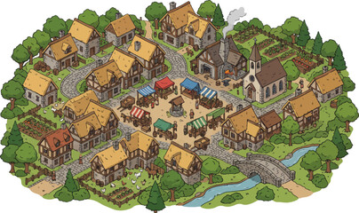 Medieval village isometric vector illustration, fantasy town with market square and stone houses, historic rural kingdom map for gaming © xantii
