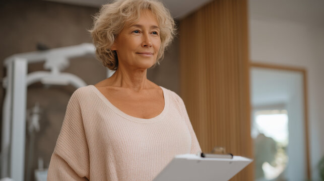 Thin elderly woman in a sterile exam room standing on a body composition scale while a physician reviews results on a clipboard, muscle mass measurement sarcopenia diagnosis, geriatric assessment cl