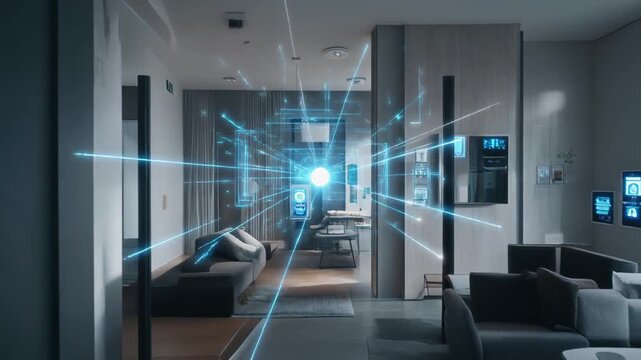 Cinematic shot of a modern home interior where glowing energy lines move through walls and devices