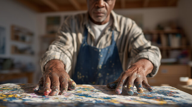 Veteran with paint-covered hands pressing bold brushstrokes onto canvas in a sunlit art therapy studio, abstract patterns echoing military camouflage, occupational rehabilitation program, creative h
