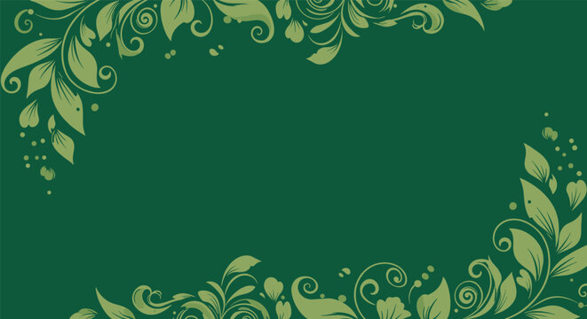 Elegant dark green background decorated with light green floral scrolls and leaf patterns in the corners for luxury design.