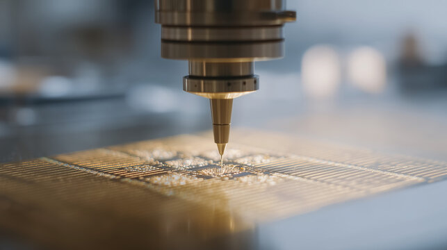 Scanning tunneling microscope needle tip at atomic proximity to gold surface lattice, rendered visualization on adjacent screen, researcher adjusting fine positioning controls in vibration-isolated 