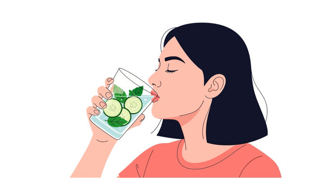 Woman drinking refreshing cucumber infused water. EPS Editable. Vector Illustrations.