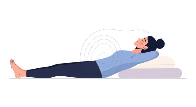 Woman lying on a pillow for spinal decompression and back pain relief. EPS Editable. Vector Illustrations.
