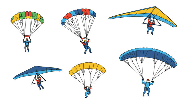 Collection of adventurous people participating in paragliding and hang gliding activities high in the clear sky for extreme sports.