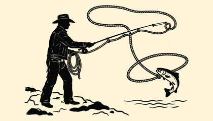 Cowboy fisherman catching a jumping fish with a lasso rope in vintage woodcut style © 777SKYLABS