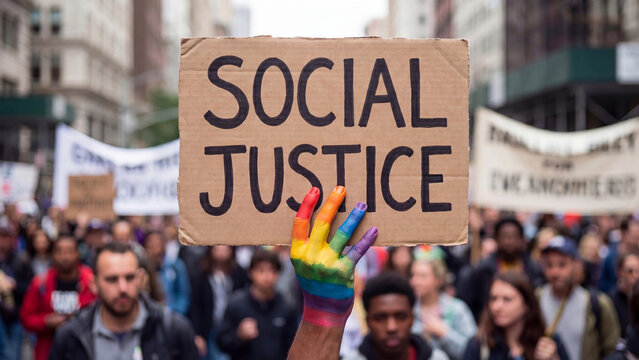 Social justice protest rally with rainbow painted hand holding cardboard sign representing equality diversity inclusion civil rights advocacy and community activism demonstration