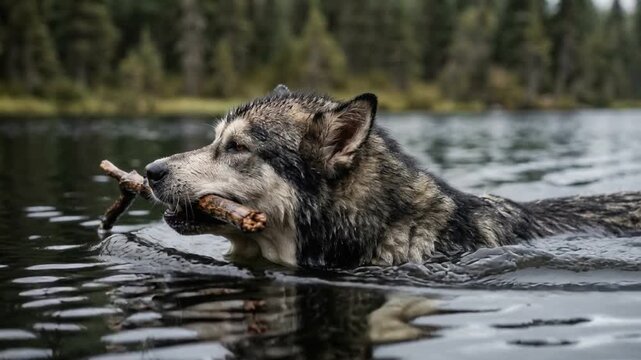alaskan malamute dog playing fetch in water close up video