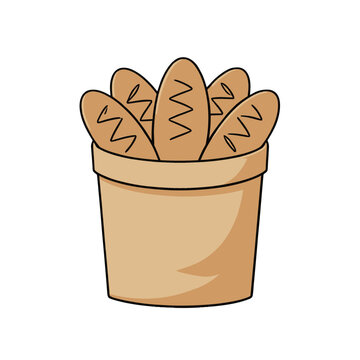 Baguette Bread Bucket Vector, Isolated Bread Loaves in Paper Cup, Flat Icon for Bakery and Food App