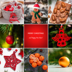 Fototapeta premium Beautiful Christmas collage featuring red festive decorations, gingerbread man, cookies, tangerines, baubles, and cozy holiday elements. Perfect for Christmas and New Year mood.