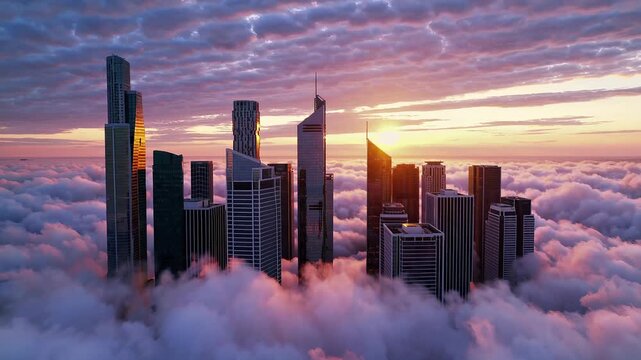 Skyscraper city cloud sunrise modern architecture urban skyline tall building, city skyline with modern architecture rises above clouds