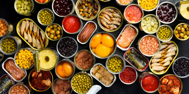 A large set of pickled and canned foods on the background. Metal cans with canned vegetables, beans, fish, seafood and fruit. Top view.