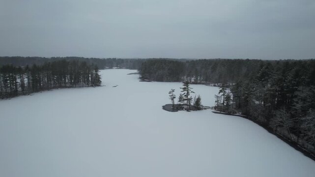 Aerial view of a frozen lake and snowy pine trees, Harold Parker State Forest, Massachusetts, USA