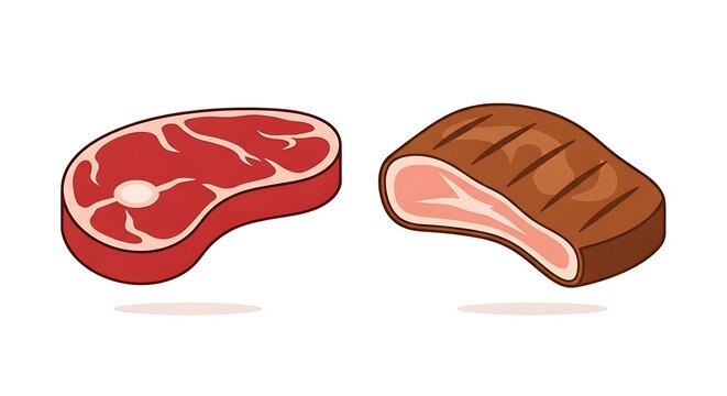 Raw and cooked steak cuts in a vector graphic illustration side by side