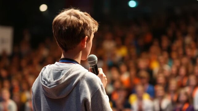 teenage boy with a microphone speaks to a group of people at an event animation