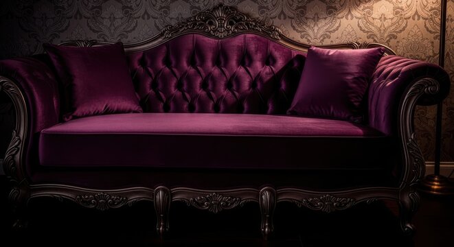 A deeply luxurious plum velvet tufted sofa with ornate gilded detailing and plush cushions, evoking antique elegance.