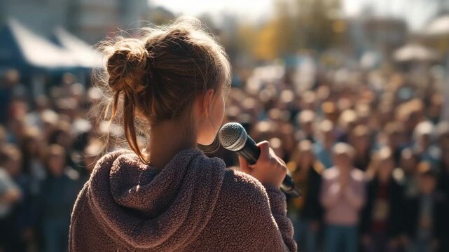 teenage girl with a microphone speaks to a group of people at an event animation
