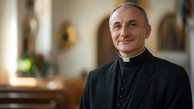 Portrait of a smiling catholic priest in traditional black clerical clothing standing inside a church