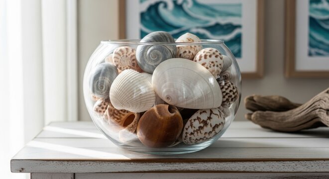A Glass Bowl Overflowing with a Collection of Smooth Polished Seashells