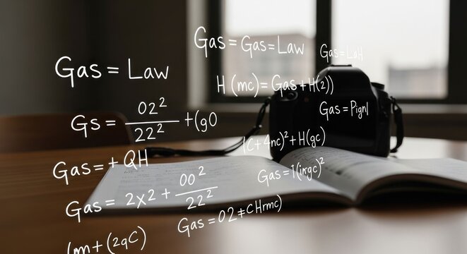 A camera rests atop a book, adorned with math equations on a table