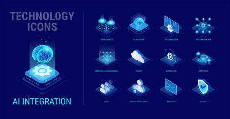 Obraz na płótnie Canvas Technology icons set for AI Integration workflow diagram - AI platform, API connection, integration hub, users, automation, data sources, security, cloud, analytics - high quality isometric vector