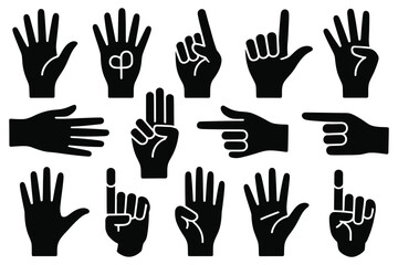 Obraz premium Hands gestures silhouettes collection showing finger counting pointing and sign language isolated on transparent background grid