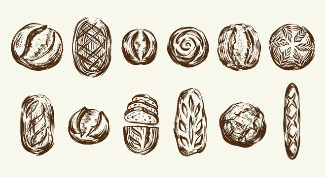 Collection set of vintage sourdough bread hand-drawn sketch style, rustic artisan bakery vector illustrations drawing and icons, crusty loaf boule batard baguette sliced grain graphics
