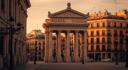 Obraz premium Ancient monument with columns bathed in golden light, nestled in a city square