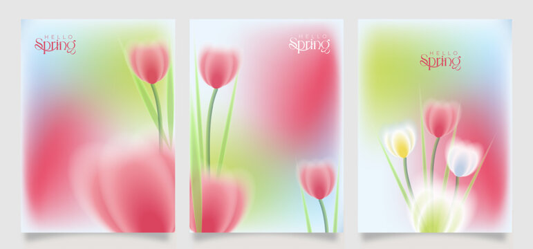 Soft focus spring tulip illustrations in pastel gradients, featuring elegant floral compositions on blurred backgrounds. Light, airy design ideal for banners, posters, and greeting cards