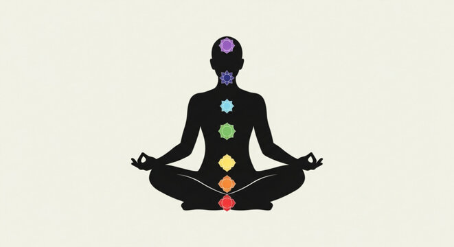 Silhouette of a meditating person with colorful chakra symbols on body representing spiritual and wellness concepts