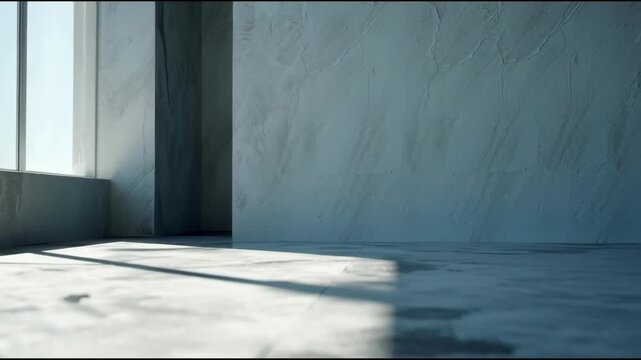 Sunlight streaming into an empty concrete room casting shadows on the floor. 4k Footage Video