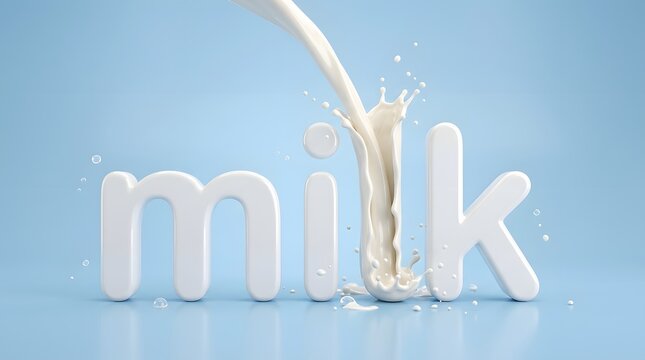 Creative milk splash forming word milk on blue background representing dairy freshness nutrition branding and liquid typography concept