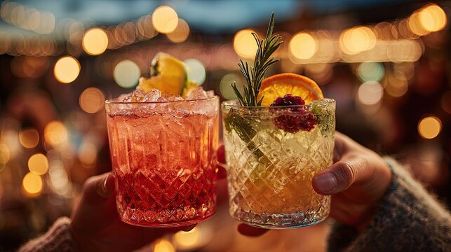 The hands of two women hold and clink glasses of cocktails
