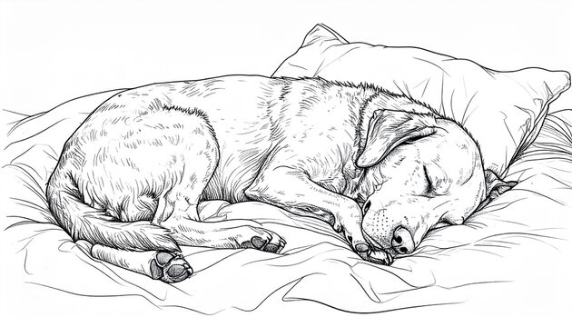 Pencil Sketch of a Dog Sleeping Peacefully on a Bed.