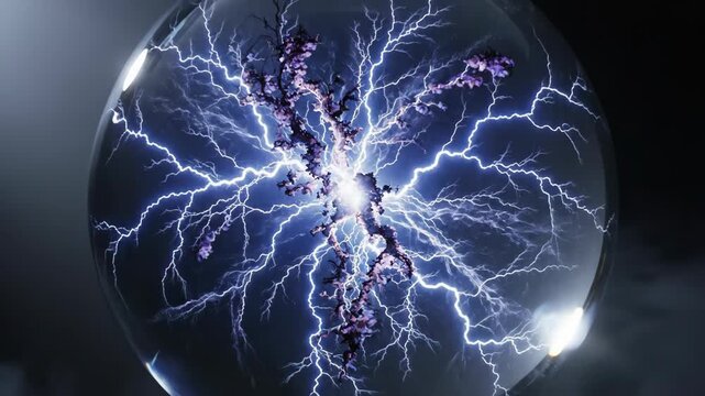 Electric plasma ball with lightning discharges inside a glass sphere amid mist.