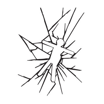 Broken man seen in shattered glass, self reflection trapped mindset illustration