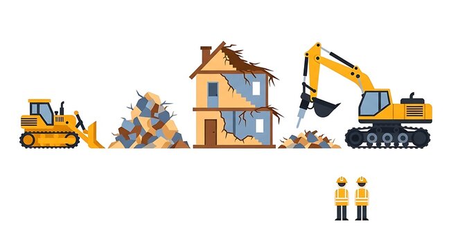 Demolition process with excavator and bulldozer destroying a house with workers present.