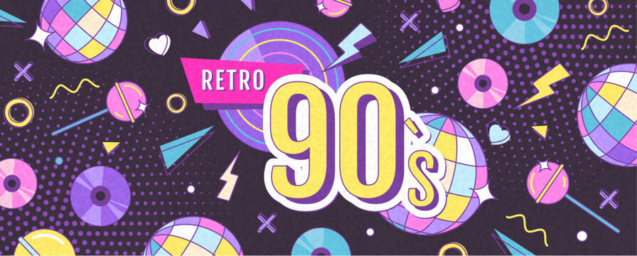 Retro disco poster or banner of 80s-90s with disco ball, cd, records and chupa chups. Memphis style background. Vector illustration
