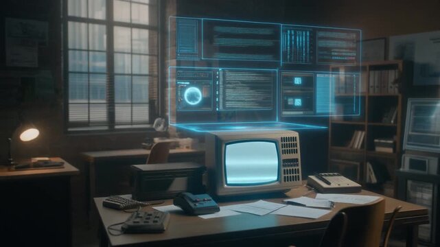 1980s Office Workspace With Floating AI Interface