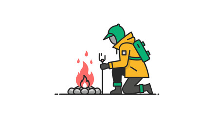 Fototapeta premium Hiker in Yellow Jacket Kneeling by Campfire Vector Illustration