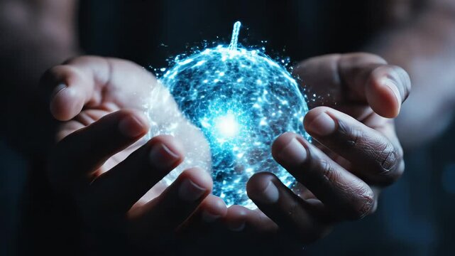 Hands cradle a glowing blue Animation Video sphere with sparkling particles in a dark environment.
